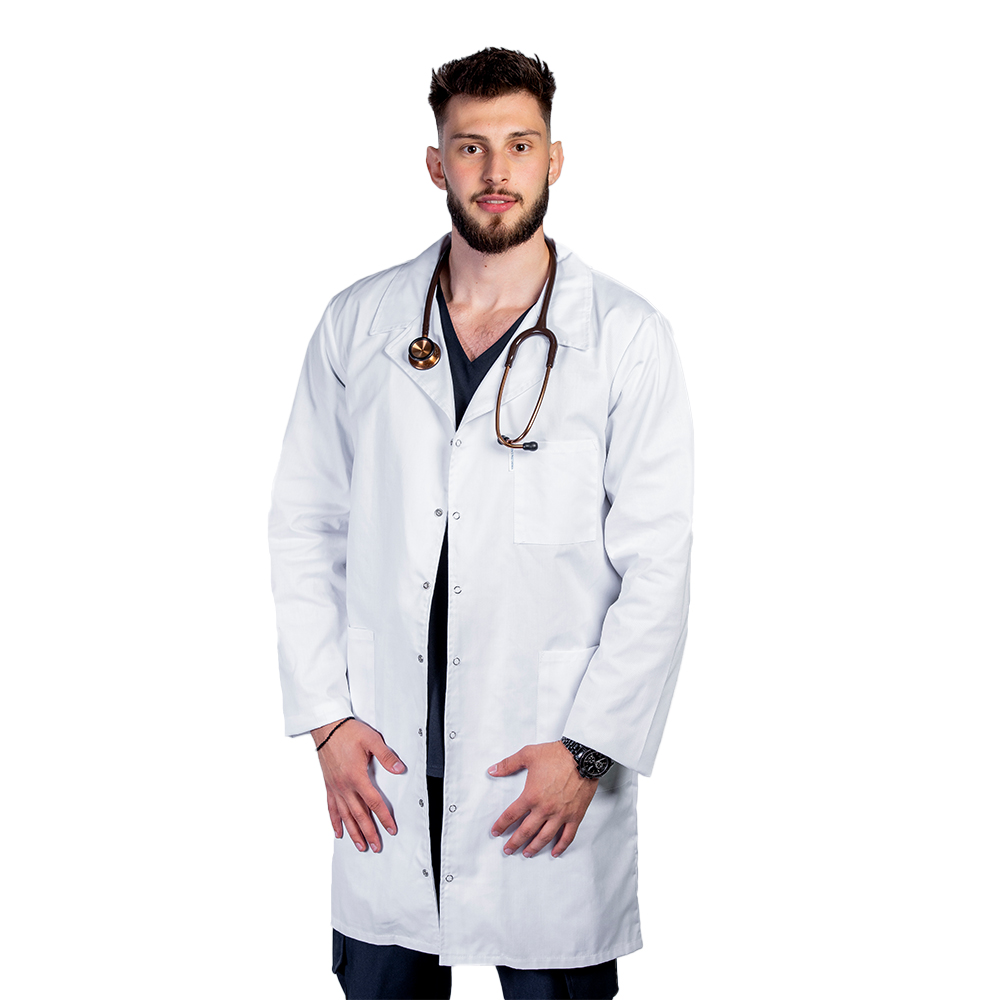 Halat medical alb lung barbatesc, cu guler tip rever si trei buzunare , maneca lunga 3