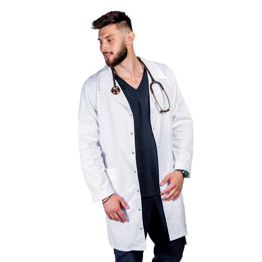Halat medical alb lung barbatesc, cu guler tip rever si trei buzunare , maneca lunga 2