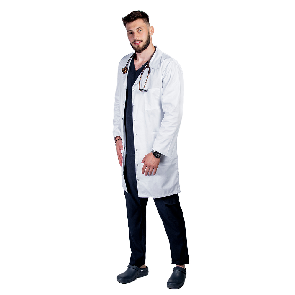 Halat medical alb lung barbatesc, cu guler tip rever si trei buzunare , maneca lunga 4