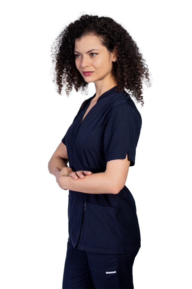 OUTLET Halat medical kimono stretch bleumarin cu doua buzunare aplicate si guler tip tunica