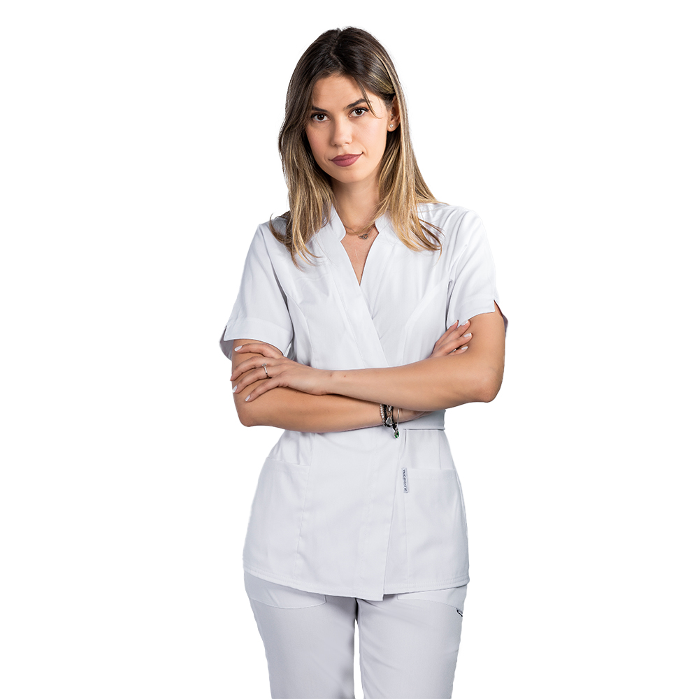 OUTLET Halat medical kimono stretch alb cu doua buzunare aplicate si guler tip tunica 3