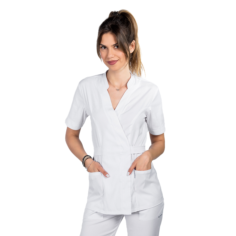 OUTLET Halat medical kimono stretch alb cu doua buzunare aplicate si guler tip tunica 2