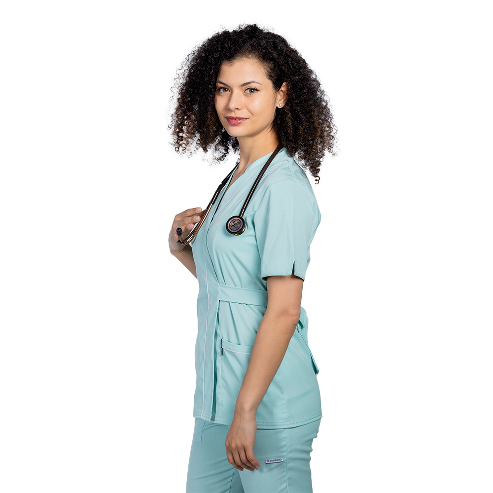 OUTLET Halat medical kimono stretch menta cu doua buzunare aplicate si guler tip tunica 2