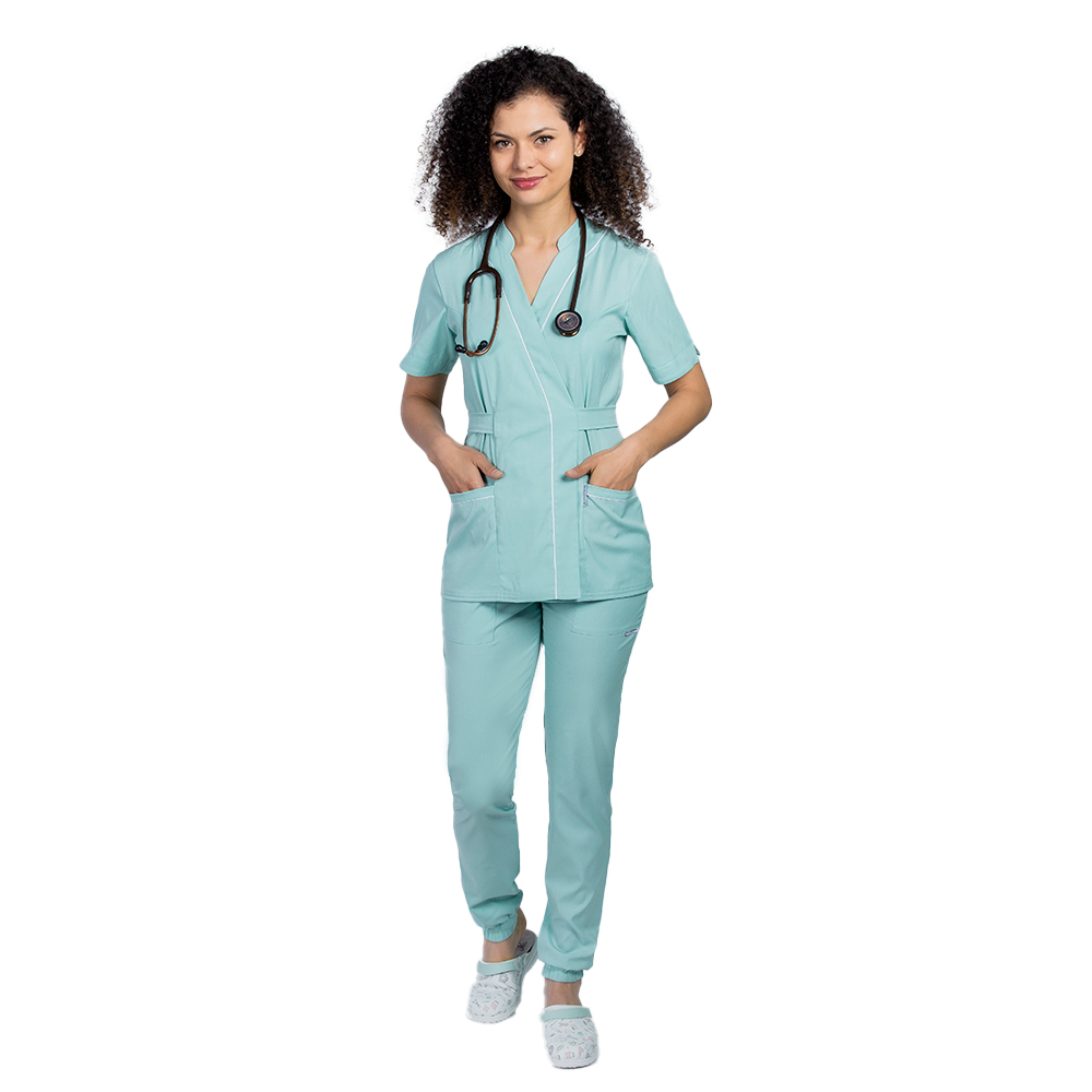 OUTLET Halat medical kimono stretch menta cu doua buzunare aplicate si guler tip tunica 3