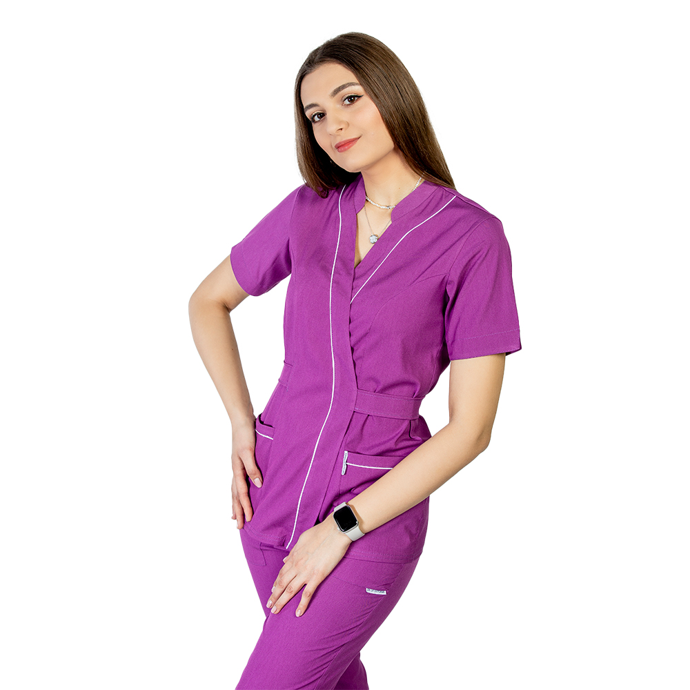 OUTLET Halat medical kimono stretch magenta cu doua buzunare aplicate si guler tip tunica 2