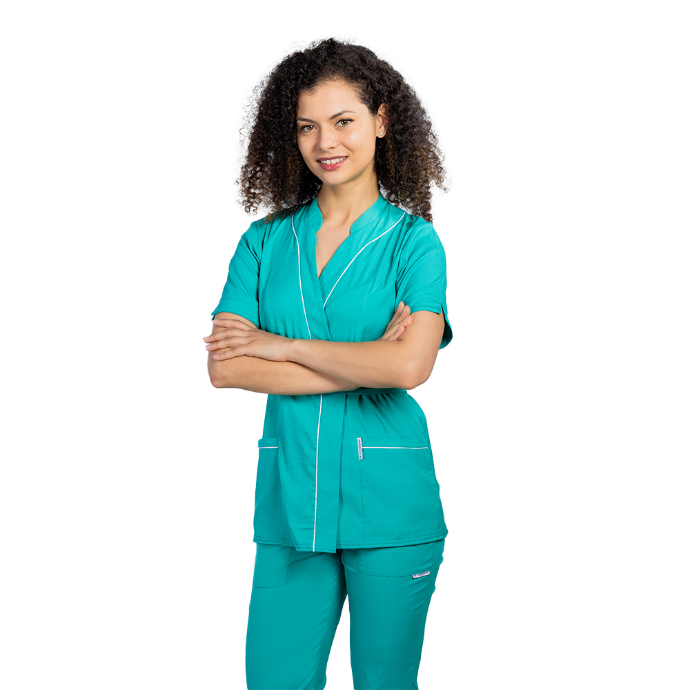 OUTLET Halat medical kimono stretch verde turcoaz cu doua buzunare aplicate si guler tip tunica 3