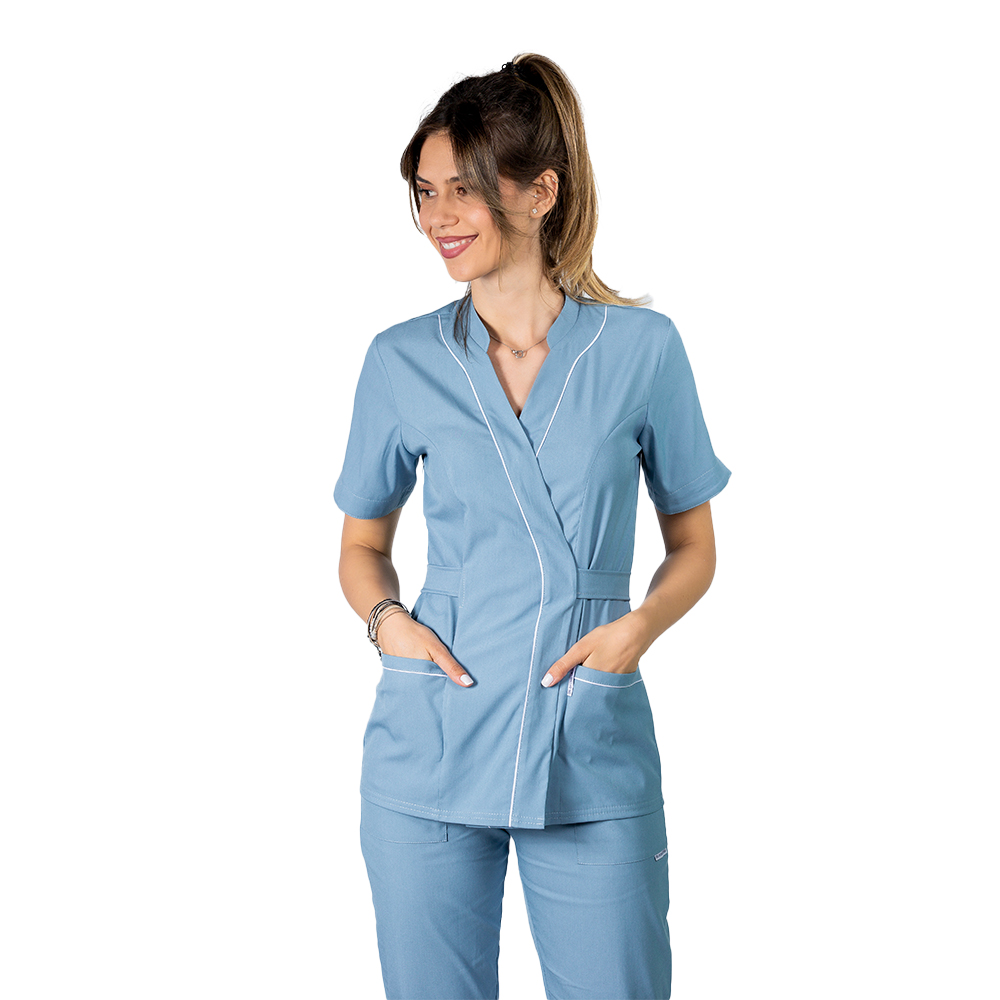 OUTLET Halat medical kimono stretch bleu pudrat cu doua buzunare aplicate si guler tip tunica 3