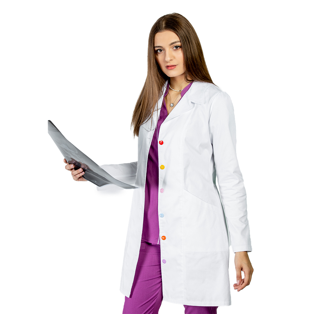 Halat medical alb Rainbow, dama, cu guler cu rever, nasturi colorati si doua buzunare si maneca lunga 3