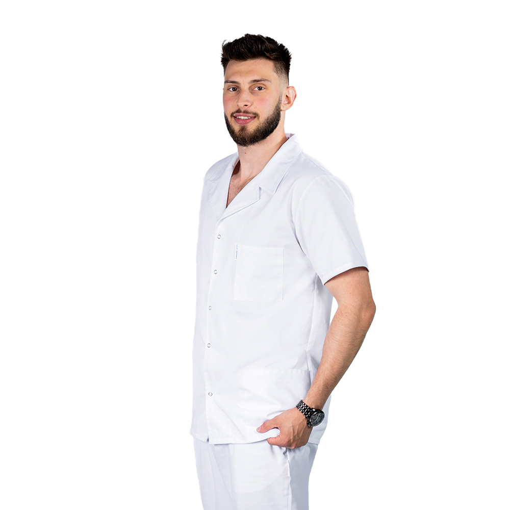 Halat medical alb barbatesc scurt cu guler tip rever si trei buzunare , maneca scurta 2