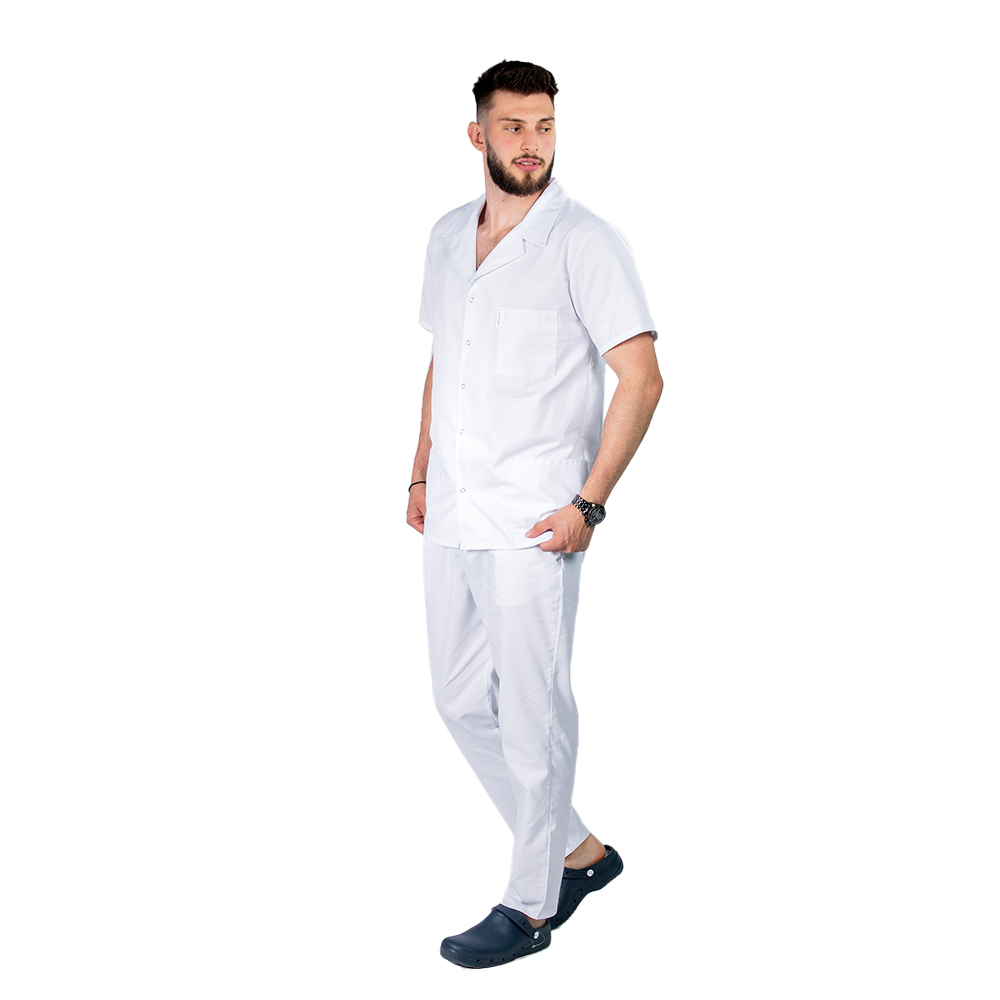 Halat medical alb barbatesc scurt cu guler tip rever si trei buzunare , maneca scurta 3