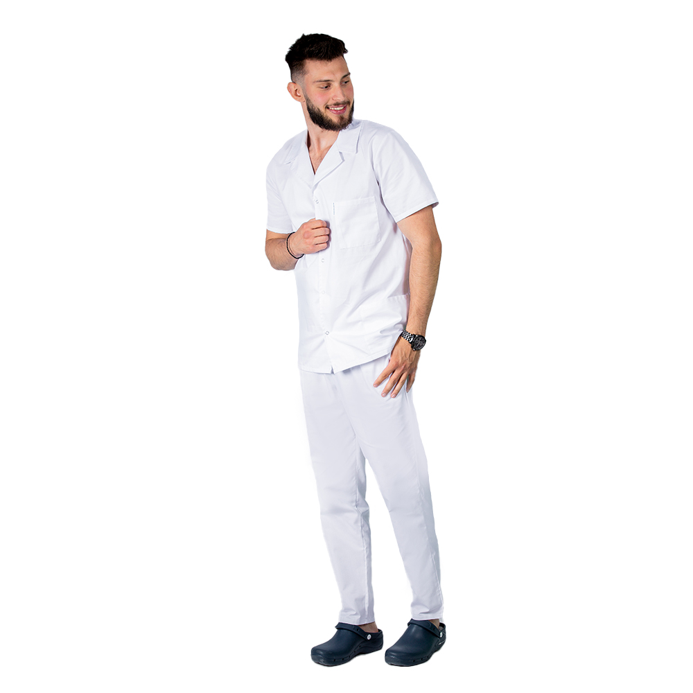 Halat medical alb barbatesc scurt cu guler tip rever si trei buzunare , maneca scurta 4