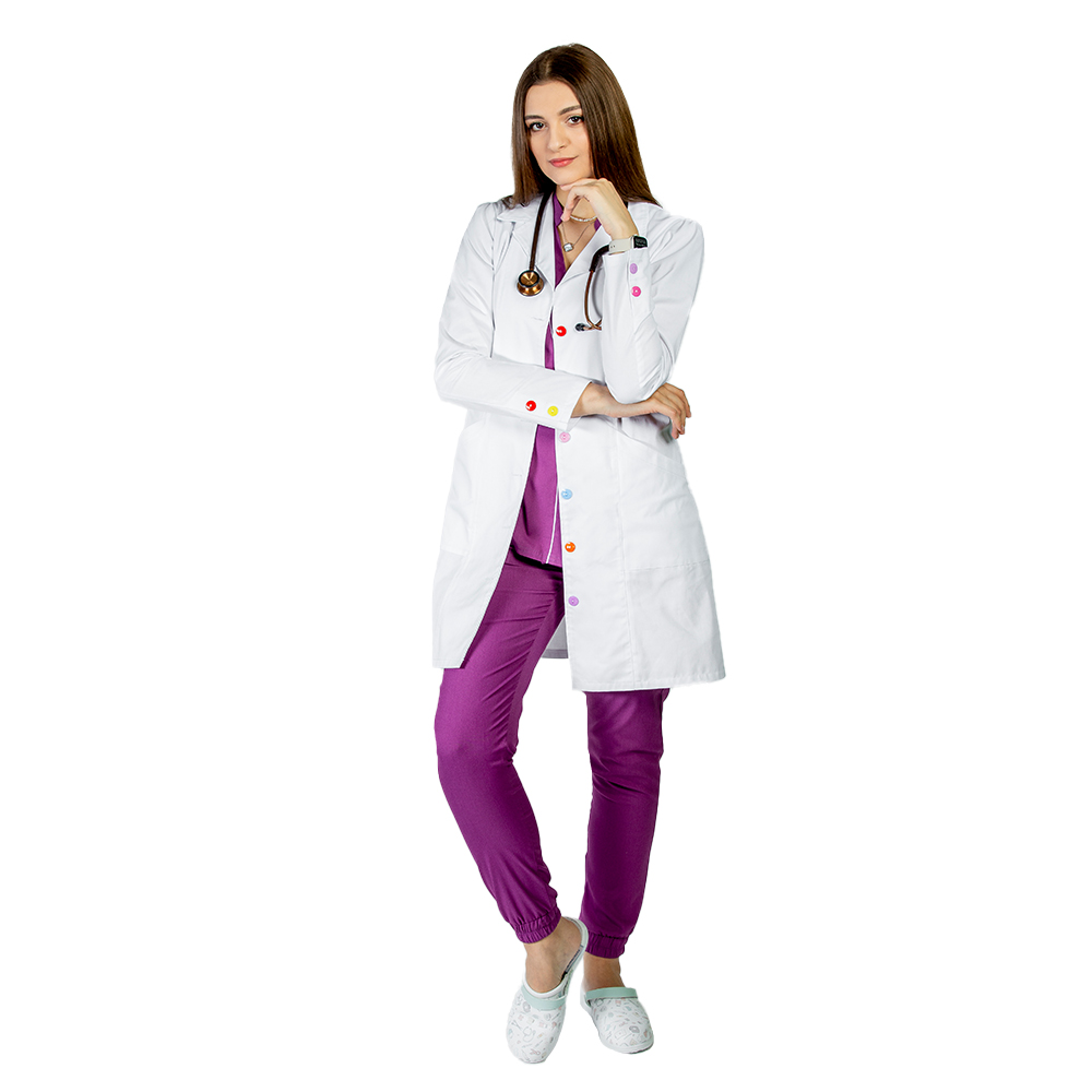 Halat medical alb Rainbow, dama, cu guler cu rever, nasturi colorati si doua buzunare si maneca lunga 2