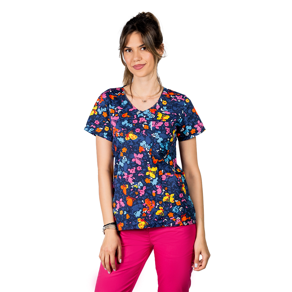 Costum medical Butterfly, cu bluza cu imprimeu  si pantaloni cu elastic 4