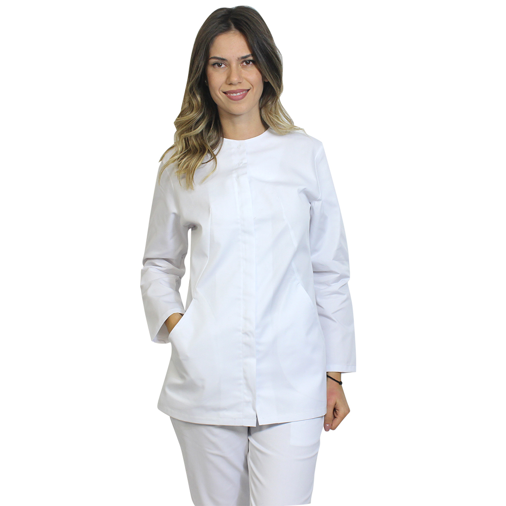 Halat medical dama alb cu maneca lunga, fermoar si doua buzunare aplicate 2