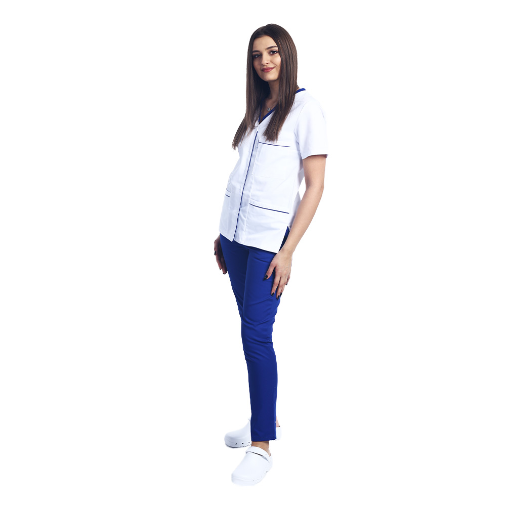 Costum medical cu elastan format din bluza alb cu paspol albastru si pantaloni albastri cu elastic 2
