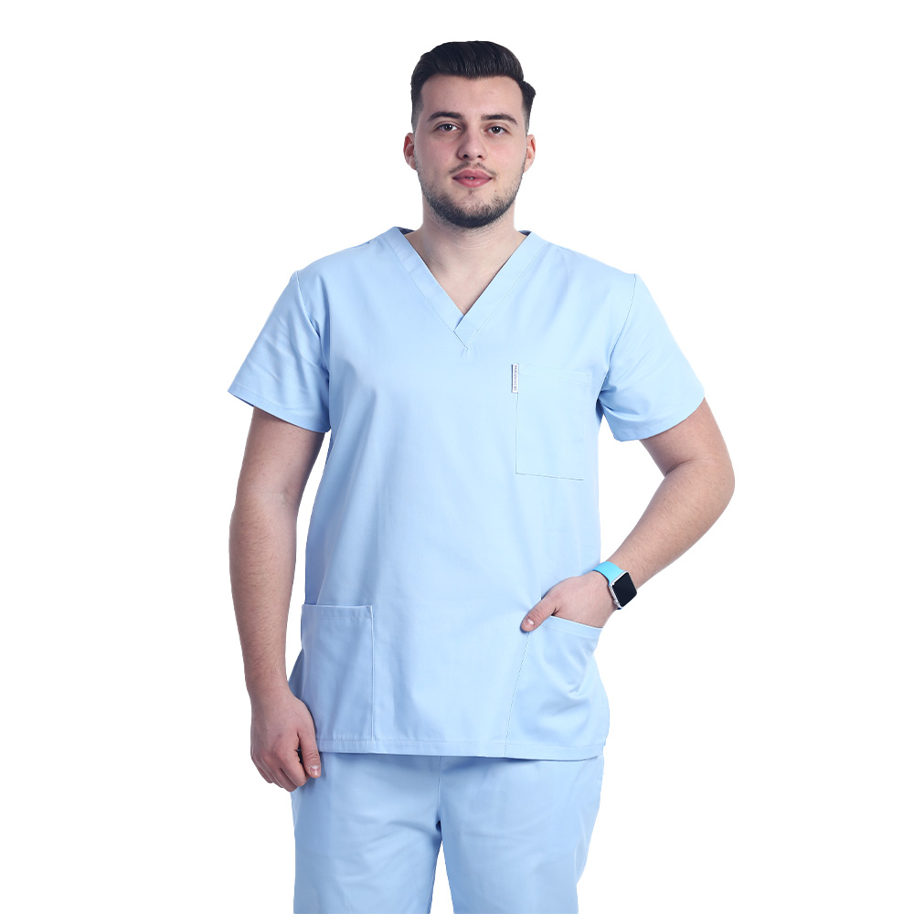 Costum medical bleu cu elastan, barbati, bluza cu anchior in forma V si pantaloni cu snur 3