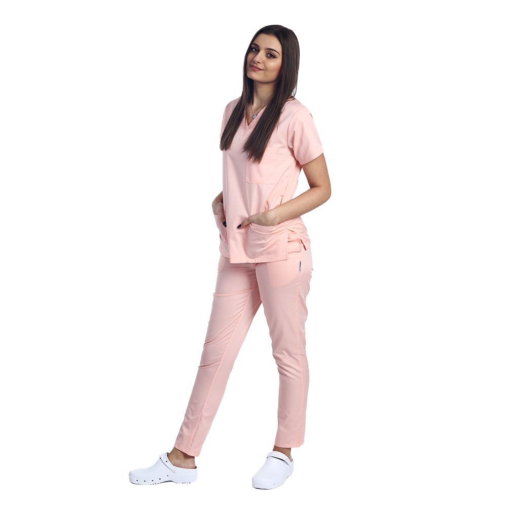 Costum medical piersica cu bluza cu anchior in forma V si pantaloni cu elastic 2