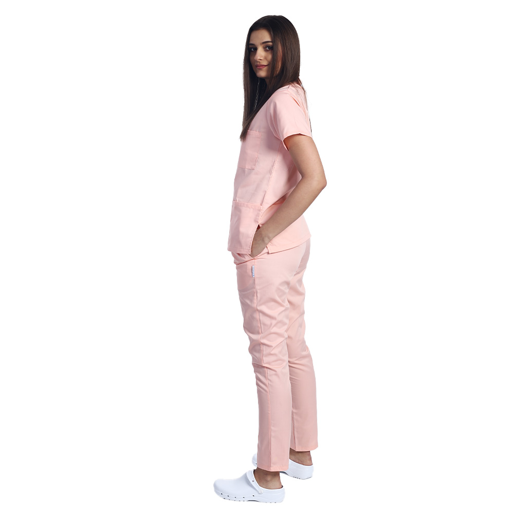 Costum medical piersica cu bluza cu anchior in forma V si pantaloni cu elastic 3