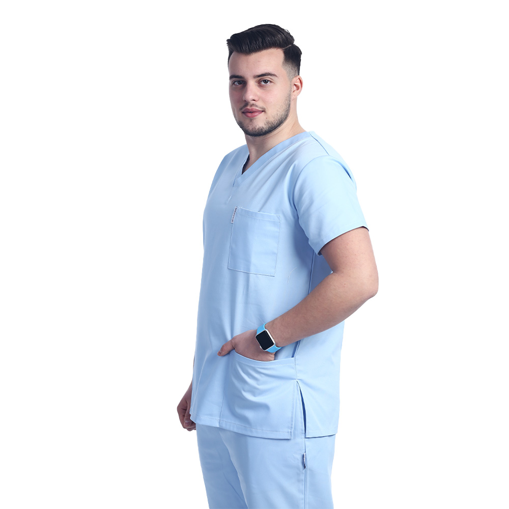 Costum medical bleu cu elastan, barbati, bluza cu anchior in forma V si pantaloni cu snur 2