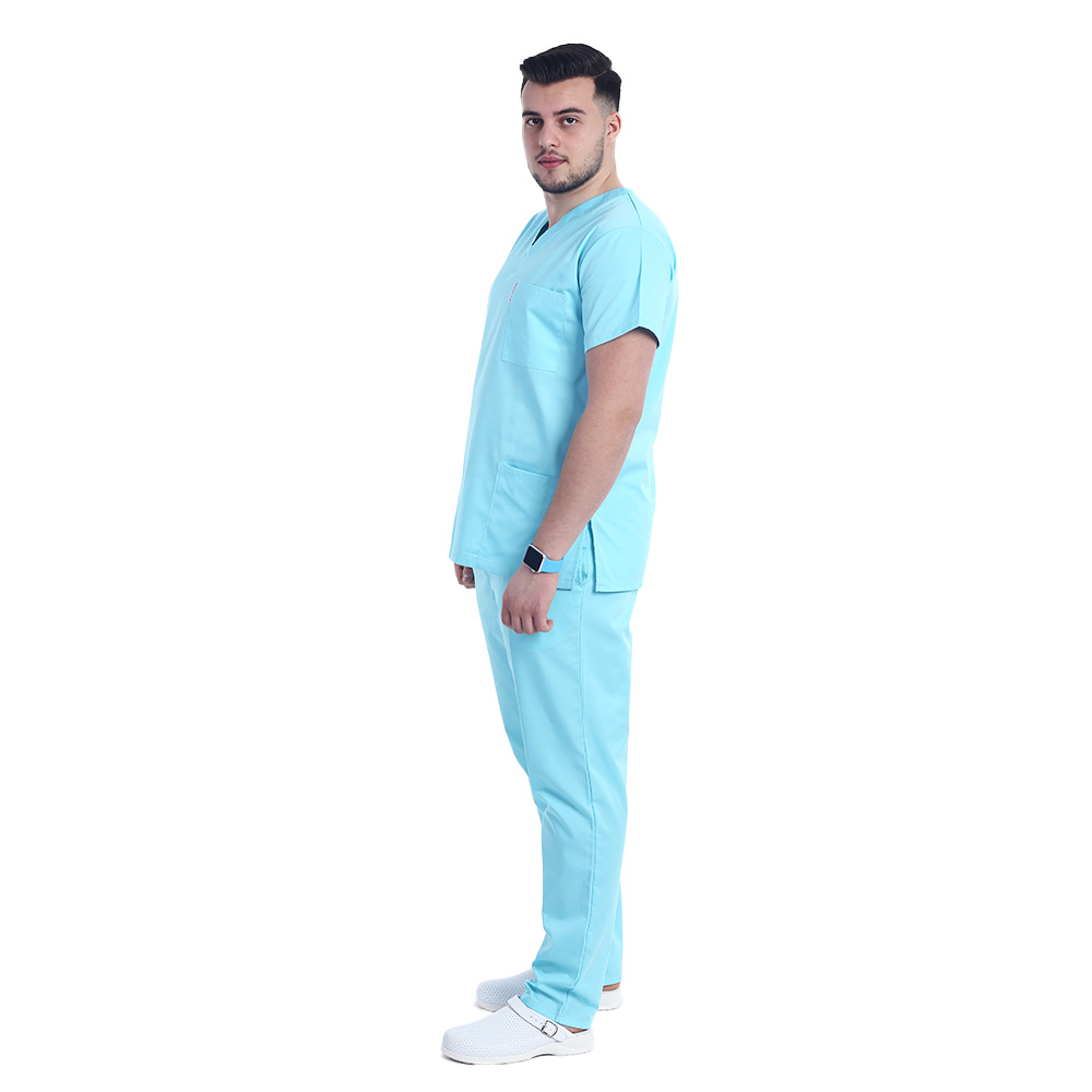 Costum medical menta cu elastan, barbati, bluza cu anchior in forma V si pantaloni cu snur 2