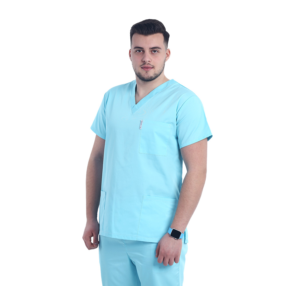 Halat medical menta cu elastan, barbati, anchior in V si trei buzunare aplicate 3