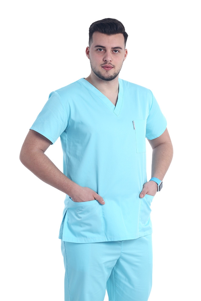 Halat medical menta cu elastan, barbati, anchior in V si trei buzunare aplicate