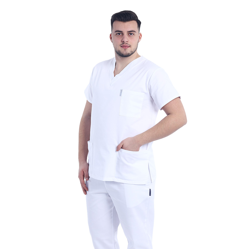 Costum medical alb cu elastan, barbati, bluza cu anchior in forma V si pantaloni cu snur 4