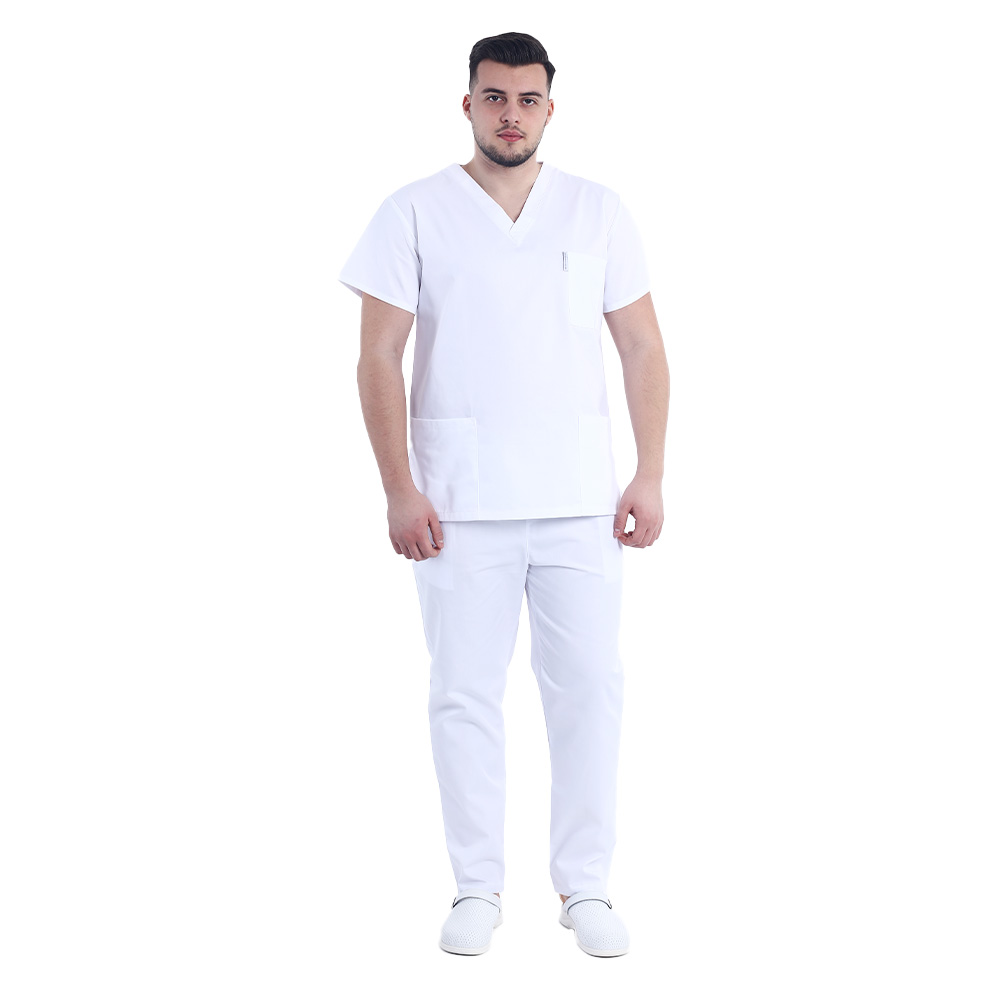 Costum medical alb cu elastan, barbati, bluza cu anchior in forma V si pantaloni cu snur 2