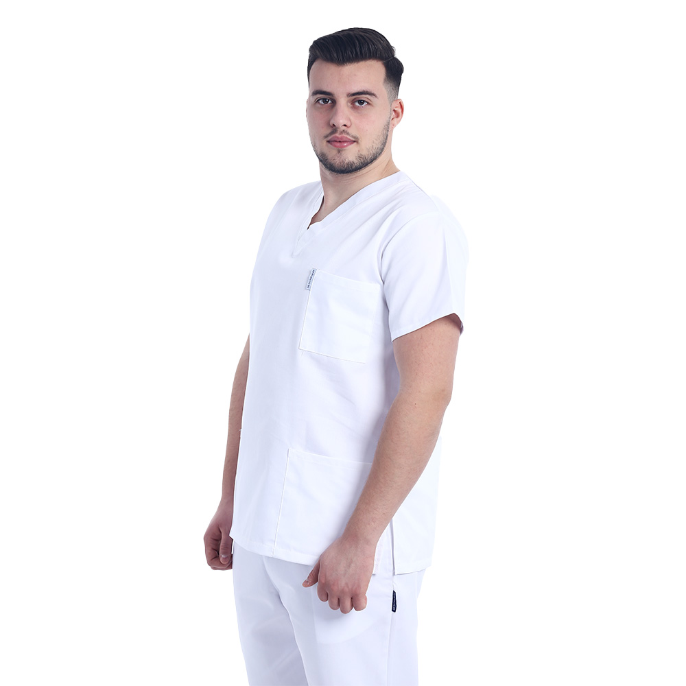 Costum medical alb cu elastan, barbati, bluza cu anchior in forma V si pantaloni cu snur 3