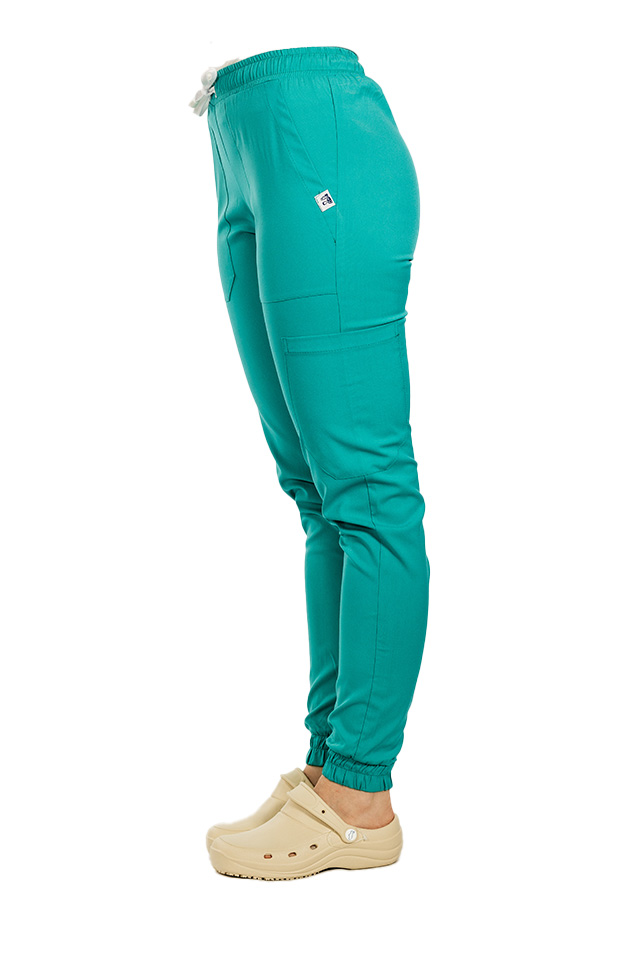 Pantaloni medicali stretch tip jogger verde turcoaz cu snur si elastic in talie si la glezna 2