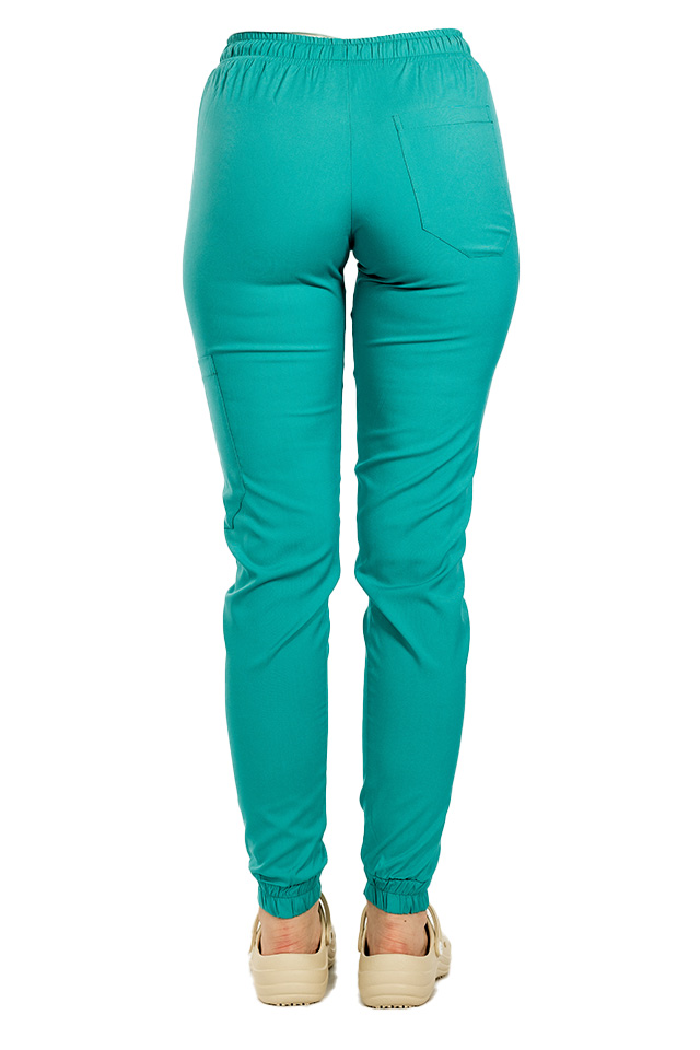 Pantaloni medicali stretch tip jogger verde turcoaz cu snur si elastic in talie si la glezna 3