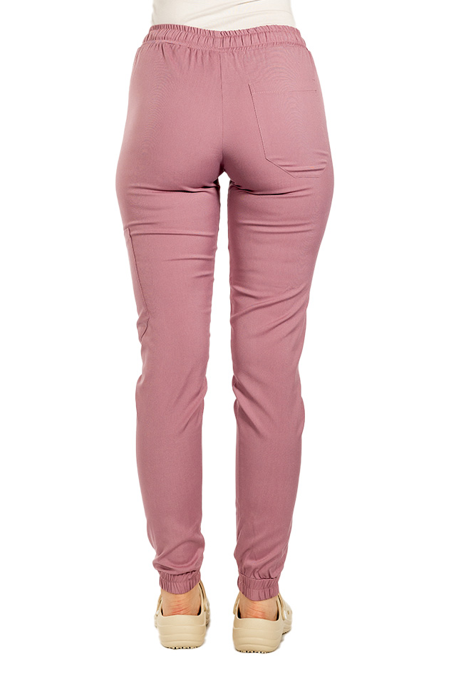 Pantaloni medicali stretch tip jogger roz pudrat cu snur si elastic in talie si la glezna 3