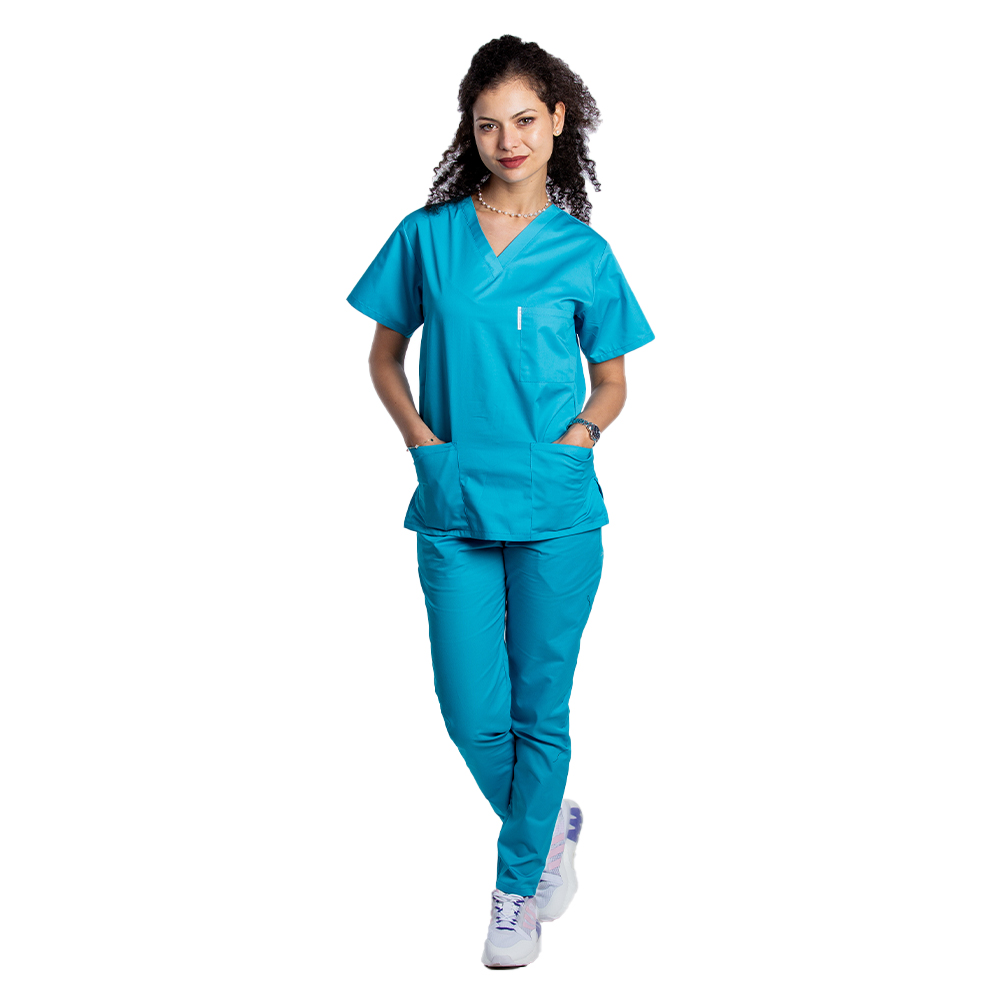 Costum medical turcoaz cu elastan cu bluza cu anchior in forma V si pantaloni turcoaz cu snur 2