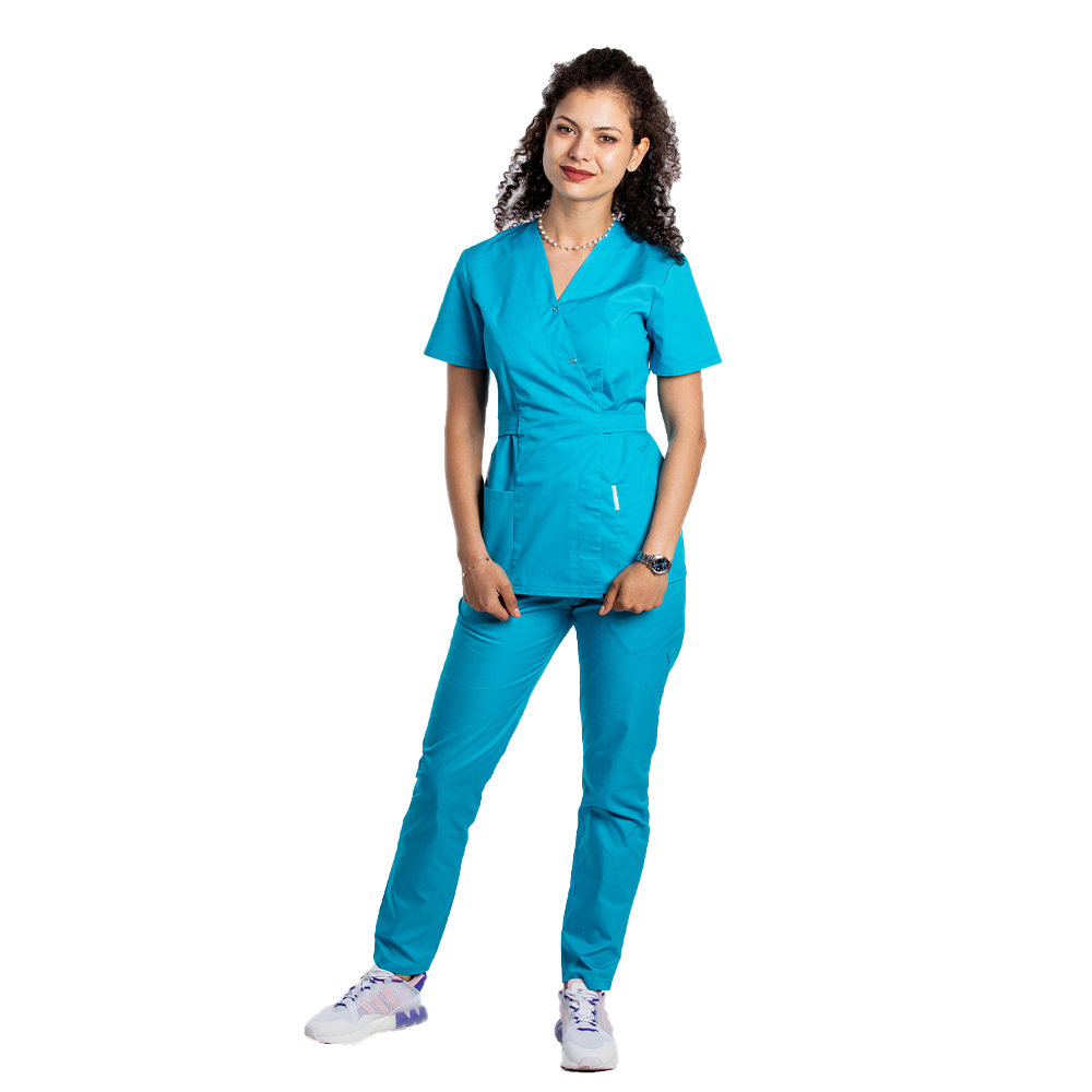 Halat medical kimono turcoaz, cu elastan si doua buzunare aplicate 3