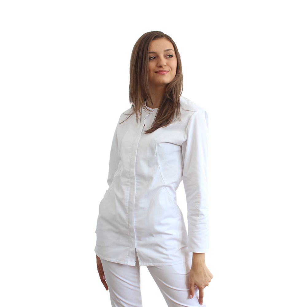 Halat medical dama alb cu maneca lunga, fermoar si doua buzunare aplicate 3