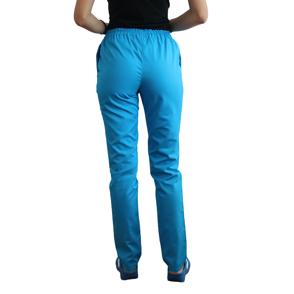 Pantaloni medicali elastici turcoaz, dama, cu snur si doua buzunare laterale 2