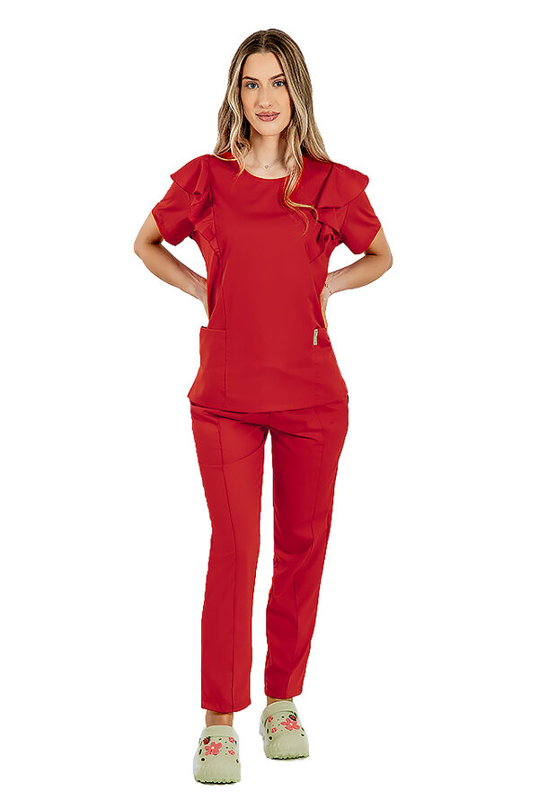Costum medical stretch Cristina, culoare rosu, bluza cu volane si pantaloni cu snur si elastic