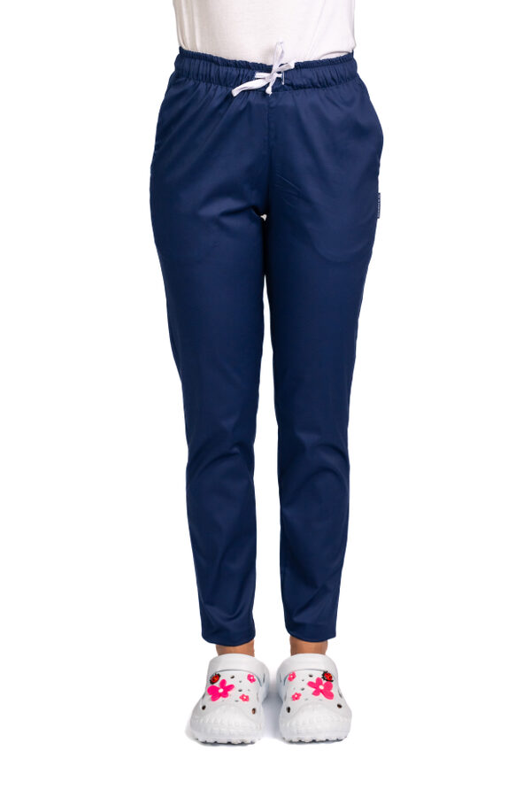 Pantaloni medicali cu elastan bleumarin cu elastic si doua buzunare laterale
