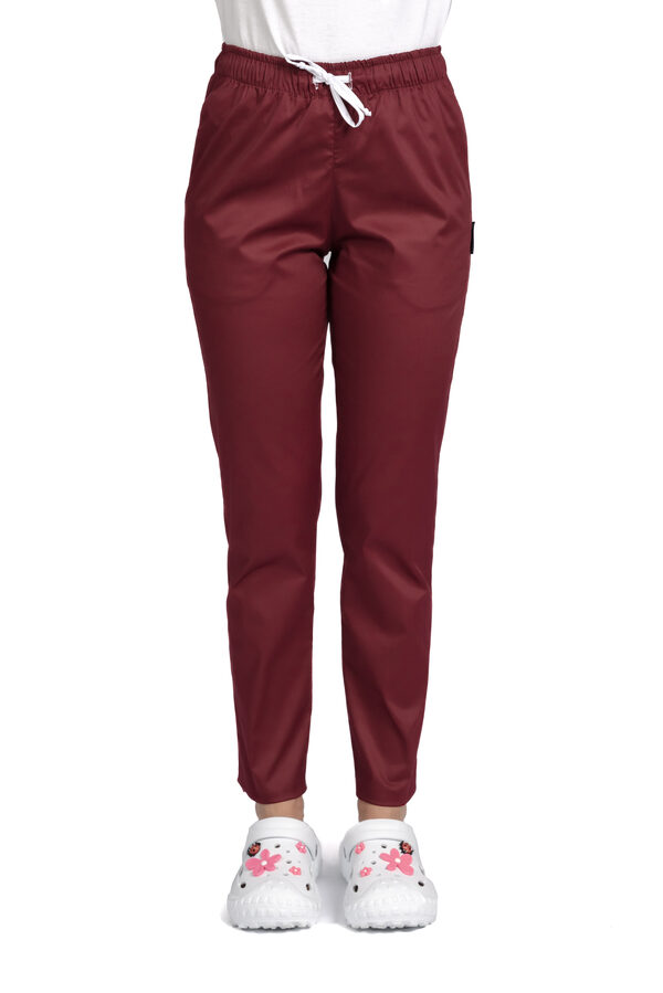 Pantaloni medicali elastici, dama, grena, cu snur si doua buzunare laterale