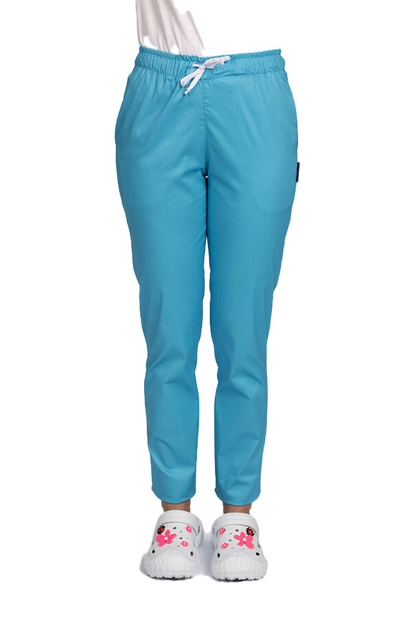 Pantaloni medicali elastici turcoaz, dama, cu snur si doua buzunare laterale