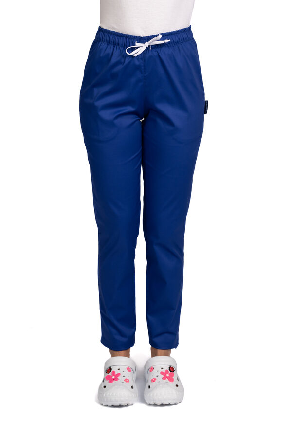 Pantaloni medicali elastici, dama, albastri, cu snur si doua buzunare laterale