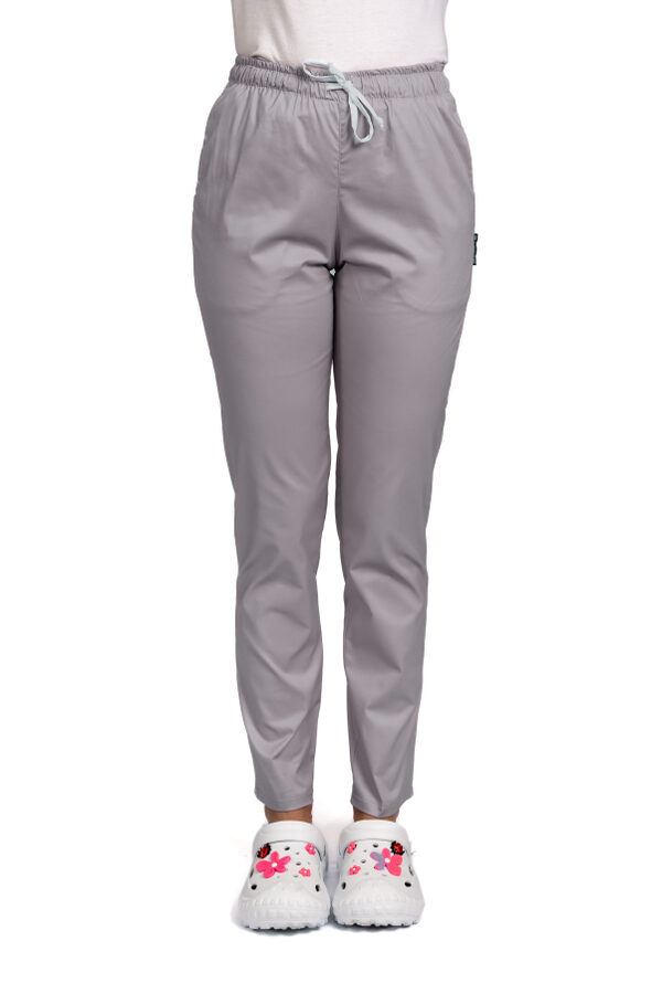 Pantaloni medicali cu elastan gri, model dama, cu snur si doua buzunare laterale
