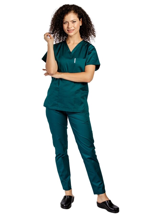 Costum medical tuborg cu elastan, dama, bluza cu anchior in forma V si pantaloni tuborg cu snur
