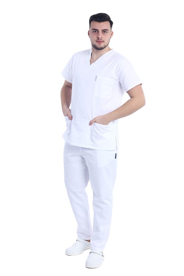 Costum medical alb cu elastan, barbati, bluza cu anchior in forma V si pantaloni cu snur